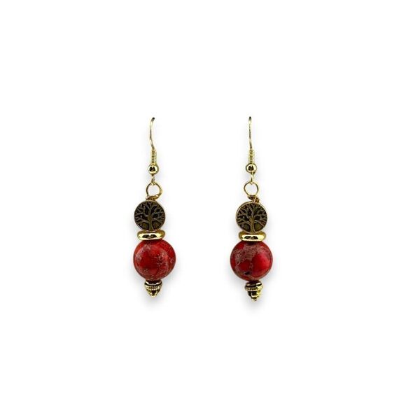 Red Imperial Jasper Earrings Sea Sediment Gemstones Gold Plated Earwires - Picture 4 of 9